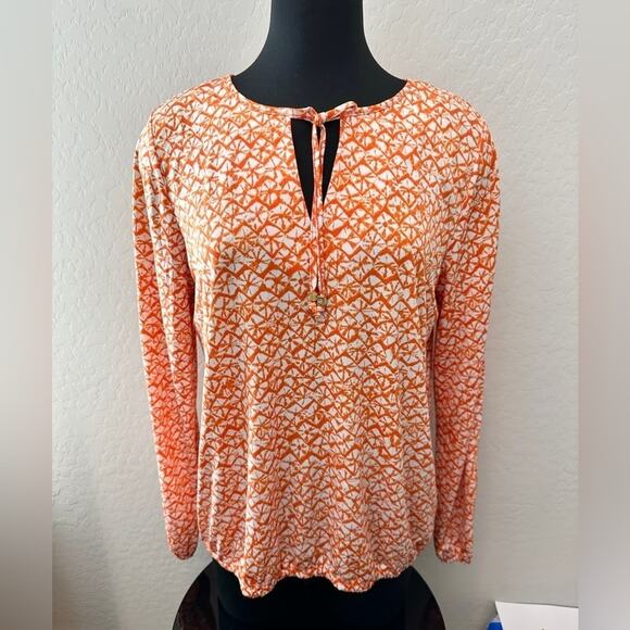 MICHAEL KORS | Shell Print Orange Stretch Knit Split Long Sleeve Blouse | Large - Picture 2 of 7